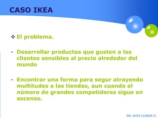 DR. ALEX LLAQUE S.
CASO IKEA
 El problema.
- Desarrollar productos que gusten a los
clientes sensibles al precio alrededor del
mundo
- Encontrar una forma para segur atrayendo
multitudes a las tiendas, aun cuando el
número de grandes competidores sigue en
ascenso.
 