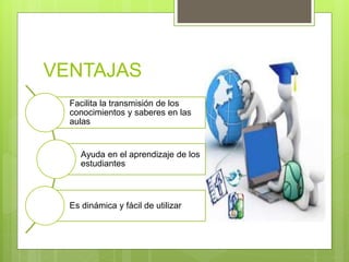 VENTAJAS
Facilita la transmisión de los
conocimientos y saberes en las
aulas
Ayuda en el aprendizaje de los
estudiantes
Es dinámica y fácil de utilizar