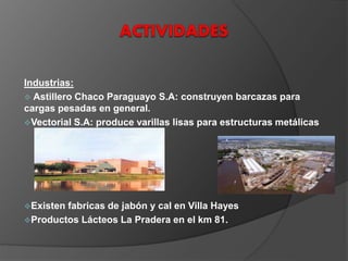 Industrias:
 Astillero Chaco Paraguayo S.A: construyen barcazas para
cargas pesadas en general.
Vectorial S.A: produce varillas lisas para estructuras metálicas
Existen fabricas de jabón y cal en Villa Hayes
Productos Lácteos La Pradera en el km 81.
 