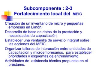 Subcomponente : 2-3 Fortalecimiento local del  MEIC Creación de un inventario de micro y pequeñas empresas en Limón. Desarrollo de base de datos de la prestación y necesidades de capacitación. Establecer una ventanilla de servicio integral sobre las acciones del MEIC. Organizar talleres de interacción entre entidades de capacitación y microempresarios,  para establecer prioridades y esquemas de entrenamiento. Actividades de  asistencia técnica propuesta en el préstamo. 