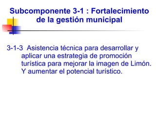 Subcomponente 3-1 : Fortalecimiento de la gestión municipal 3-1-3  Asistencia técnica para desarrollar y aplicar una estrategia de promoción turística para mejorar la imagen de Limón. Y aumentar el potencial turístico.   