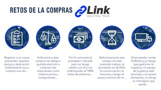 RETOS DE LA COMPRAS
Registrar a un nuevo
proveedor requiere
tiempo y dedicación.
Solamente le voy a
comprar una vez…
Enfocarme a esta
compra me obliga a
quitarle atención a
compras más
importantes como
materia prima y
componentes…
Por fin encontré al
proveedor indicado
pero no tengo
crédito con él y me
pide liquidar el 100%
antes de embarcar…
Definitivamente esta
compra me está
costando trabajo, el
proveedor es de EUA,
la comunicación no
funciona y tengo al
usuario encima de mi…
El proveedor vende
ExWorks y yo tengo
que gestionar la
logística, mi equipo
de Logística está
saturado y no quiero
distraerlos, no tengo
un mensajero que
ayude…
 