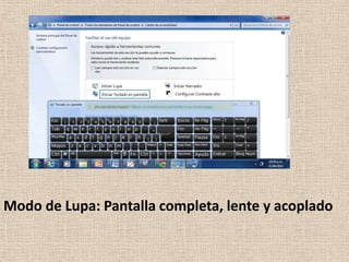 Modo de Lupa: Pantalla completa, lente y acoplado
 