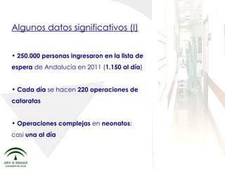 Algunos datos significativos (I) 250.000 personas ingresaron en la lista de espera  de Andalucía en 2011 ( 1.150 al día ) Cada día  se hacen  220 operaciones de cataratas Operaciones complejas  en  neonatos : casi  una al día 