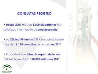 CONSULTAS REGISTRO Desde 2007  más de  8.000 ciudadanos  han solicitado información a  Salud Responde La  Oficina Virtual  del SSPA ha contabilizado más de  16.125 consultas  de usuario  en 2011 El apartado de  listas de espera de la web  del SAS ha recibido  160.000 visitas en 2011 