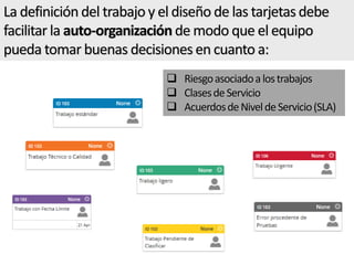  Riesgoasociadoalostrabajos
 ClasesdeServicio
 AcuerdosdeNiveldeServicio(SLA)
La definición del trabajo y el diseño de las tarjetas debe
facilitar la auto-organización de modo que el equipo
pueda tomar buenas decisiones en cuanto a:
 