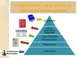 Constitución
Leyes
Orgánicas y
Especiales
Leyes Ordinarias
Decretos Leyes
Reglamentos
Ordenanzas
 