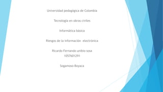 Universidad pedagógica de Colombia
Tecnología en obras civiles
Informática básica
Riesgos de la información electrónica
Ricardo Fernando unibio sosa
1057601291
Sogamoso-Boyaca
 