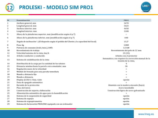 www.lmeg.es
12 PROLESKIPROLESKI - MODELO SIM PRO1
№ Denominación PRO1
1 Anchura general, mm 5670
2 Longitud general, mm 5425
3 Anchura interior, mm 4650
4 Longitud interior, mm 3100
5 Altura de la plataforma superior, mm (modificación según el p.7) --
6 Altura de la plataforma inferior, mm (modificación según el p.7) 640
7 Ángulo de inclinación o, (El diapasón según el pedido del Cliente y la capacidad del local) 13,5°
8 Peso, kg 3.800
9 Potencia de consumo (trab./máx.), kWh 3,5 kW
10 Revestimiento de trabajo Revestimiento del pelo de 22 mm
11 Velocidad máxima de la cinta, km/h 25 (35)
12 Arboles conductor y conducido Arboles con el protector
13 Sistema de estabilización de la cinta
Automático y no requiere la corrección manual de la
tensión de la cinta,
14 Distribución de la carga por la cantidad de los talones 4
15 Distancia mínima hasta la pared u otro simulador, mm 50
16 Regulación suave de la velocidad +
17 Módulo de frenado para una parada inmediata +
18 Mando a distancia fijo +
19 Mando a distancia +
20 Display (LCD) V, S km, t min opción
21 Zona de apagado automático +
22 Baranda de la protección Aluminio con la madera atacante (haya)
23 Placa del inicio Acero inoxidable
24 Construcción de soporte, elaboración Construcción ligera de acero galvanizado
25 Alimentación automática de agua para la humidificación +
26 Sistema de la suspensión de seguridad opción
27 Sistema de espejos opción
28 Sistema de ergospirometria opción
29 Sistema de facturación PROLESKI equipado con un ordenador opción
 