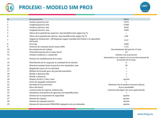 www.lmeg.es
16
№ Denominación PRO3
1 Anchura general, mm 5570
2 Longitud general, mm 11081
3 Anchura interior, mm 4650
4 Longitud interior, mm 9400
5 Altura de la plataforma superior, mm (modificación según el p.7) --
6 Altura de la plataforma inferior, mm (modificación según el p.7) 640
7
Ángulo de inclinación o, (El diapasón según el pedido del Cliente y la capacidad
del local)
13,5°
8 Peso, kg 5600
9 Potencia de consumo (trab./max), kWh 7/22
10 Revestimiento de trabajo Revestimiento del pelo de 22 mm
11 Velocidad máxima de la cinta, km/h 25
12 Arboles conductor y conducido Arboles con el protector
13 Sistema de estabilización de la cinta
Automático y no requiere la corrección manual de
la tensión de la cinta,
14 Distribución de la carga por la cantidad de los talones 6
15 Distancia mínima hasta la pared u otro simulador, mm 50
16 Regulación suave de la velocidad +
17 Módulo de frenado para una parada inmediata +
18 Mando a distancia fijo +
19 Mando a distancia +
20 Display (LCD) V, S km, t min opción
21 Zonas de apagado automático +
22 Baranda de la protección Aluminio con la madera atacante (haya)
23 Placa del inicio Acero inoxidable
24 Construcción de soporte, elaboración Construcción ligera de acero galvanizado
25 Sunimistro automático de agua para la humidificación +
26 Sistema de la suspensión de seguridad opción
27 Sistema de espejos opción
28 Sistema de ergospirometria opción
29 Sistema de facturación PROLESKI equipado con un ordenador opción
PROLESKI - MODELO SIM PRO3
 