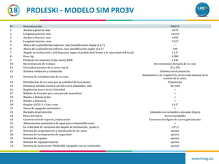 www.lmeg.es
18
№ Denominación PRO3V
1 Anchura general, mm 5670
2 Longitud general, mm 11220
3 Anchura interior, mm 4650
4 Longitud interior, mm 9125
5 Altura de la plataforma superior, mm (modificación según el p.7) --
6 Altura de la plataforma inferior, mm (modificación según el p.7) 700
7 Ángulo de inclinación o, (El diapasón según el pedido del Cliente y la capacidad del local) 13,5°
8 Peso, kg 6500
9 Potencia de consumo (trab./max), kWh 6 kW
10 Revestimiento de trabajo Revestimiento del pelo de 22 mm
11 Velocidad máxima de la cinta, km/h 25 (35)
12 Arboles conductor y conducido Arboles con el protector
13 Sistema de estabilización de la cinta
Automático y no requiere la corrección manual de la
tensión de la cinta,
14 Distribución de la carga por la cantidad de los talones Plataforma
15 Distancia mínima hasta la pared u otro simulador, mm 50/100
16 Regulación suave de la Velocidad +
17 Módulo de frenado para una parada inmediata +
18 Mando a distancia fijo +
19 Mando a distancia +
20 Display (LCD) V, S km, t min 19,5”
21 Zonas de apagado automático +
22 Baranda de protección Aluminio con la madera atacante (haya)
23 Placa del inicio Acero inoxidable
24 Construcción de soporte, elaboración Construcción ligera de acero galvanizado
25 Alimentación automática de agua para la humidificación +
26 La velocidad de variación del ángulo de inclinación, grado/s 1,8°/с
27 Sistema de programación y simulación de las rutas opción
28 Sistema de la suspensión de seguridad opción
29 Sistema de espejos opción
30 Sistema de ergospirometria opción
31 Sistema de facturación PROLESKI equipado con un ordenador opción
PROLESKI - MODELO SIM PRO3V
 
