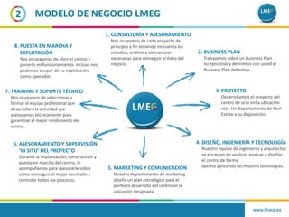 www.lmeg.es
2 MODELO DE NEGOCIO LMEG
1. CONSULTORÍA Y ASESORAMIENTO
Nos ocupamos de cada proyecto de
principio a fin teniendo en cuenta los
estudios, análisis y valoraciones
necesarias para conseguir el éxito del
negocio.
3. PROYECTO
Desarrollamos el proyecto del
centro de ocio en la ubicación
real. Un departamento de Real
Estate a su disposición.
8. PUESTA EN MARCHA Y
EXPLOTACIÓN
Nos encargamos de abrir el centro y
ponerlo en funcionamiento. Incluso nos
podemos ocupar de su explotación
como operador.
6. ASESORAMIENTO Y SUPERVISIÓN
‘IN SITU’ DEL PROYECTO
Durante la implantación, construcción y
puesta en marcha del centro, le
acompañamos para asesorarle sobre
cómo conseguir el mejor resultado y
controlar todos los procesos.
2. BUSINESS PLAN
Trabajamos sobre un Business Plan
no ejecutivo y definimos con usted el
Business Plan definitivo.
5. MARKETING Y COMUNICACIÓN
Nuestro departamento de marketing
diseña un plan estratégico para el
perfecto desarrollo del centro en la
ubicación designada.
4. DISEÑO, INGENIERÍA Y TECNOLOGÍA
Nuestro equipo de ingenieros y arquitectos
se encargan de analizar, evaluar y diseñar
el centro de forma
óptima aplicando las mejores tecnologías.
7. TRAINING Y SOPORTE TÉCNICO
Nos ocupamos de seleccionar y
formar el equipo profesional que
desarrollará la actividad y le
asesoramos técnicamente para
garantizar el mejor rendimiento del
centro.
 