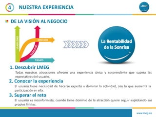 www.lmeg.es
4 NUESTRA EXPERIENCIA
1. Descubrir LMEG
Todas nuestras atracciones ofrecen una experiencia única y sorprendente que supera las
expectativas del usuario.
2. Conocer la experiencia
El usuario tiene necesidad de hacerse experto y dominar la actividad, con lo que aumenta la
participación en ella.
3. Superar el reto
El usuario es inconformista, cuando tiene dominio de la atracción quiere seguir explotando sus
propios límites.
DE LA VISIÓN AL NEGOCIO
 