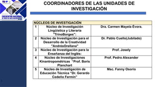 J
COORDINADORES DE LAS UNIDADES DE
INVESTIGACIÓN
NÚCLEOS DE INVESTIGACIÓN
1 Núcleo de Investigación
Lingüística y Literaria
"TrinoBorges":
Dra. Carmen Mayela Évora.
2 Núcleo de Investigación para el
Desarrollo de la Creatividad
"AndrésOrellana"
Dr. Pablo Cuello(Jubilado)
3 Núcleo de Investigación para la
Enseñanza del Inglés:
Prof. Josely
4 Núcleo de Investigaciones
Kinantropométricas “Prof. Boris
Planchart
Prof. Pedro Alexander
5 Núcleo de Investigación de
Educación Técnica “Dr. Gerardo
Cedeño Fermín”
Msc. Fanny Osorio
 
