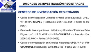 UNIDADES DE INVESTIGACIÓN REGISTRADAS
J
§ Centro de Investigación Contexto y Praxis Socio Educativa: UPEL-
VIP-UI-IPB-CICPSE (Resolución: 2017.467.661 - Fecha: 16-06-
2017)
§ Centro de Investigaciones Históricas y Sociales “Federico Brito
Figueroa”: UPEL-VIP-UI-IPB-CIHSFBF - (Resolución:
2006.286.440.3 - Fecha: 27-04-2006).
§ Centro de Investigación en Ciencias Naturales: UPEL-VIP-UI-IPB-
CINATUPEL (Resolución: 2008.318.3426 - Fecha: 25-11-2008)
 