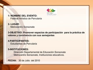 1- NOMBRE DEL EVENTO:
Festival Artístico de Parvularia
2- LUGAR:
Metrocentro Sonsonate
3-OBJETIVO: Promover espacios de participación para la práctica de
valores y convivencia con sus semejantes
4-PARTICIPANTES:
Estudiantes de Parvularia
5-INSTITUCIONES:
Dirección Departamental de Educación Sonsonate
Metrocentro Sonsonate, Instituciones educativos.
FECHA: 30 de Julio del 2010
 