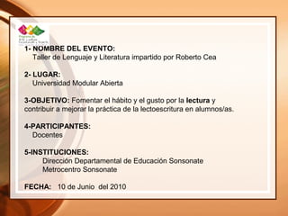 1- NOMBRE DEL EVENTO:
Taller de Lenguaje y Literatura impartido por Roberto Cea
2- LUGAR:
Universidad Modular Abierta
3-OBJETIVO: Fomentar el hábito y el gusto por la lectura y
contribuir a mejorar la práctica de la lectoescritura en alumnos/as.
4-PARTICIPANTES:
Docentes
5-INSTITUCIONES:
Dirección Departamental de Educación Sonsonate
Metrocentro Sonsonate
FECHA: 10 de Junio del 2010
 