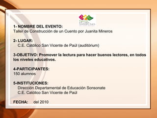 1- NOMBRE DEL EVENTO:
Taller de Construcción de un Cuento por Juanita Mineros
2- LUGAR:
C.E. Católico San Vicente de Paúl (auditórium)
3-OBJETIVO: Promover la lectura para hacer buenos lectores, en todos
los niveles educativos.
4-PARTICIPANTES:
150 alumnos
5-INSTITUCIONES:
Dirección Departamental de Educación Sonsonate
C.E. Católico San Vicente de Paúl
FECHA: del 2010
 