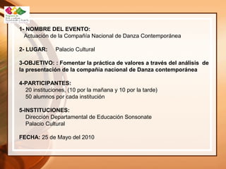 1- NOMBRE DEL EVENTO:
Actuación de la Compañía Nacional de Danza Contemporánea
2- LUGAR: Palacio Cultural
3-OBJETIVO: : Fomentar la práctica de valores a través del análisis de
la presentación de la compañía nacional de Danza contemporánea
4-PARTICIPANTES:
20 instituciones, (10 por la mañana y 10 por la tarde)
50 alumnos por cada institución
5-INSTITUCIONES:
Dirección Departamental de Educación Sonsonate
Palacio Cultural
FECHA: 25 de Mayo del 2010
 