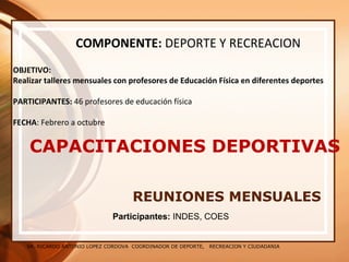 SR. RICARDO ANTONIO LOPEZ CORDOVA COORDINADOR DE DEPORTE, RECREACION Y CIUDADANIA
CAPACITACIONES DEPORTIVAS
REUNIONES MENSUALES
COMPONENTE: DEPORTE Y RECREACION
OBJETIVO:
Realizar talleres mensuales con profesores de Educación Física en diferentes deportes
PARTICIPANTES: 46 profesores de educación física
FECHA: Febrero a octubre
Participantes: INDES, COES
 