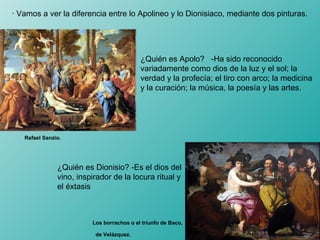 · Vamos a ver la diferencia entre lo Apolineo y lo Dionisiaco, mediante dos pinturas. ¿Quién es Apolo?  -Ha sido reconocido variadamente como dios de la luz y el sol; la verdad y la profecía; el tiro con arco; la medicina y la curación; la música, la poesía y las artes. ¿Quién es Dionisio? -Es el dios del vino, inspirador de la locura ritual y el éxtasis  Rafael Sanzio.   Los borrachos o el triunfo de Baco,  de Velázquez.   