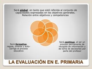 LA EVALUACIÓN EN E. PRIMARIA
Será global, en tanto que esté referida al conjunto de
capacidades expresadas en los objetivos generales.
Relación entre objetivos y competencias
Será continua, al ser un
proceso permanente de
recogida de información y
de toma de decisiones por
parte del profesor
Será formativa,
regula, orienta y auto-
corrige el proceso
educativo
 