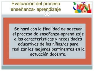 Se hará con la finalidad de adecuar
el proceso de enseñanza-aprendizaje
a las características y necesidades
educativas de los niños/as para
realizar las mejoras pertinentes en la
actuación docente.
Evaluación del proceso
enseñanza- aprendizaje
 