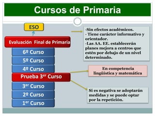 1er Curso
6º Curso
5º Curso
4º Curso
3er Curso
2º Curso
Prueba 3er Curso
Si es negativa se adoptarán
medidas y se puede optar
por la repetición.
En competencia
lingüística y matemática
Evaluación Final de Primaria
-Sin efectos académicos.
- Tiene carácter informativo y
orientador.
-Las AA. EE. establecerán
planes mejora a centros que
estén por debajo de un nivel
determinado.
ESO
Cursos de Primaria
 
