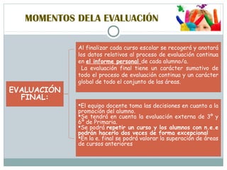 MOMENTOS DELA EVALUACIÓN
EVALUACIÓN
FINAL:
Al finalizar cada curso escolar se recogerá y anotará
los datos relativos al proceso de evaluación continua
en el informe personal de cada alumno/a.
La evaluación final tiene un carácter sumativo de
todo el proceso de evaluación continua y un carácter
global de todo el conjunto de las áreas.
El equipo docente toma las decisiones en cuanto a la
promoción del alumno.
Se tendrá en cuenta la evaluación externa de 3º y
6º de Primaria.
Se podrá repetir un curso y los alumnos con n.e.e
podrán hacerlo dos veces de forma excepcional
En la e. final se podrá valorar la superación de áreas
de cursos anteriores
 