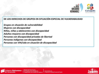 DE LOS DERECHOS DE GRUPOS EN SITUACIÓN ESPECIAL DE VULNERABILIDAD
Grupos en situación de vulnerabilidad
Mujeres con discapacidad
Niños, niñas y adolecentes con discapacidad
Adultos mayores con discapacidad
Personas con discapacidad privadas de libertad
Personas indígenas con discapacidad
Personas con VIH/sida en situación de discapacidad
 