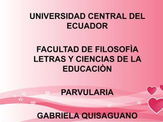 UNIVERSIDAD CENTRAL DEL
       ECUADOR

 FACULTAD DE FILOSOFÌA
LETRAS Y CIENCIAS DE LA
      EDUCACIÒN

      PARVULARIA

 GABRIELA QUISAGUANO
 