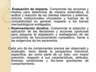 Evaluación de impacto. Comprende las acciones y medios para determinar de manera sistemática, la actitud y reacción de los clientes internos y externos, actores institucionales vinculados y fuerzas de la competitividad en general, respecto a los bienes mercadológicos entregados.Realimentación iterativa. Comprende la adopción y aplicación de las decisiones y acciones oportunas para asegurar la adaptación y readaptación de las condiciones de funcionamiento competitivo, frente a las exigencias de los escenarios.Cada uno de los componentes precisa ser observado y analizado, tanto desde la perspectiva individual, específica, así como parte de un todo, con mayor precisión, respecto a sus características, atributos, diversas condiciones y fac­tores gravitantes de comportamiento. 