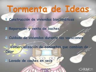 Construcción de viviendas bioclimáticasReparación y venta de bachesCuidado de viviendas durante las vacaciones Comercialización de camisetas que cambian deColorLavado de coches en secoTormenta de Ideas