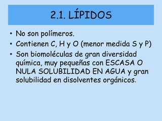 2.1. LÍPIDOS No son polímeros. Contienen C, H y O (menor medida S y P) Son biomoléculas de gran diversidad química, muy pequeñas con ESCASA O NULA SOLUBILIDAD EN AGUA y gran solubilidad en disolventes orgánicos. 