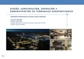 DISEÑO, CONSTRUCCIÓN, OPERACIÓN Y
ADMINISTRACIÓN DE TERMINALES AEROPORT UA RI AS
AEROPUERTO INTERNACIONAL DE TRELEW, CHUBUT, ARGENTINA
Concesión 1995-2034
Inversión: USD 6 MM
Trabajos: Expansión de la terminal y accesos. Área Total: 4.270 m2
Proyecto: Arq. Juan Sabaté
11
 