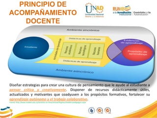 PRINCIPIO DE
ACOMPAÑAMIENTO
DOCENTE
Fuente: http://www.modelo.edu.co/servicios-en-linea/virtual/Paginas/modelo-pedagogico.aspx
Diseñar estrategias para crear una cultura de pensamiento que le ayude al estudiante a
pensar crítica y creativamente. Disponer de recursos didácticamente útiles,
actualizados y motivantes que coadyuven a los propósitos formativos, fortalecer su
aprendizaje autónomo y el trabajo colaborativo.
 