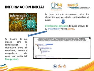 En este entorno encuentran todos los
elementos que permitirán contextualizar el
curso:
INFORMACIÓN INICIAL
Orientaciones generales del curso a través de
su presentación y de la agenda,
Se dispone de un
espacio para la
comunicación e
interacción entre el
estudiante, docente y
compañeros de
curso por medio del
foro general.
 