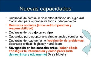 Nuevas capacidades Destrezas de comunicación: alfabetización del siglo XXI Capacidad para aprender de forma independiente Destrezas sociales (ética, actitud positiva y responsabilidad ) Destrezas de  trabajo en equipo Capacidad para adaptarse a circunstancias cambiantes Destrezas de razonamiento  ( resolución de problemas , destrezas críticas, lógicas y numéricas) Navegación en los conocimientos  (saber dónde conseguir la información y cómo procesarla   democrática y éticamente)  (Área Moreira) 
