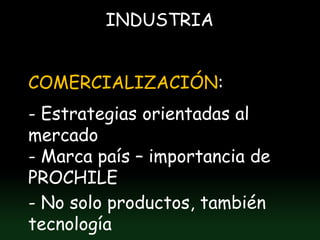 INDUSTRIA


COMERCIALIZACIÓN:
- Estrategias orientadas al
mercado
- Marca país – importancia de
PROCHILE
- No solo productos, también
tecnología
 