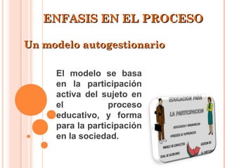 ENFASIS EN EL PROCESO

Un modelo autogestionario

     El modelo se basa
     en la participación
     activa del sujeto en
     el           proceso
     educativo, y forma
     para la participación
     en la sociedad.
 