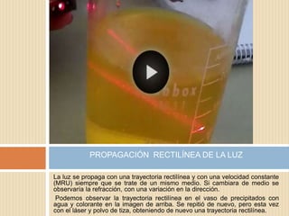 La luz se propaga con una trayectoria rectilínea y con una velocidad constante
(MRU) siempre que se trate de un mismo medio. Si cambiara de medio se
observaría la refracción, con una variación en la dirección.
Podemos observar la trayectoria rectilínea en el vaso de precipitados con
agua y colorante en la imagen de arriba. Se repitió de nuevo, pero esta vez
con el láser y polvo de tiza, obteniendo de nuevo una trayectoria rectilínea.
PROPAGACIÓN RECTILÍNEA DE LA LUZ
 