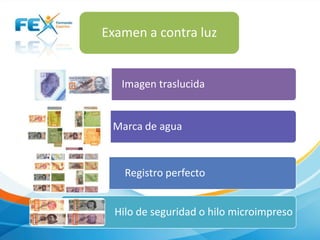 Examen a contra luz

Imagen traslucida

Marca de agua

Registro perfecto

Hilo de seguridad o hilo microimpreso

 