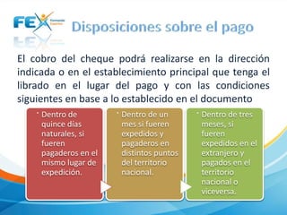 Dentro de un
mes si fueren
expedidos y
pagaderos en
distintos puntos
del territorio
nacional.

.

Dentro de
quince días
naturales, si
fueren
pagaderos en el
mismo lugar de
expedición.

.

.

El cobro del cheque podrá realizarse en la dirección
indicada o en el establecimiento principal que tenga el
librado en el lugar del pago y con las condiciones
siguientes en base a lo establecido en el documento
Dentro de tres
meses, si
fueren
expedidos en el
extranjero y
pagados en el
territorio
nacional o
viceversa.

 