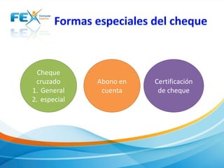 Cheque
cruzado
1. General
2. especial

Abono en
cuenta

Certificación
de cheque

 