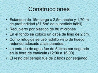 Construcciones <ul><li>Estanque de 15m largo x 2,5m ancho y 1,70 m de profundidad (37,5m 2  de superficie hábil) </li></ul...