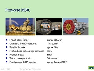 Proyecto M30.

 Longitud del túnel:
 Diámetro interior del túnel:
 Pendiente máx.:
 Profundidad máx. al eje del túnel:

aprox. 5%

 Presión máx.:
 Tiempo de ejecución:

6bar

 Finalización del Proyecto:
Seite 2

aprox. 3,550m

aprox. Marzo 2007

04.03.2005

Olivier Kraft, Project Engineer EPB-Machines, Madrid

13,450mm
75m
30 meses

 