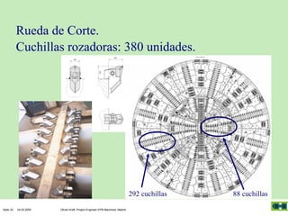 Rueda de Corte.
Cuchillas rozadoras: 380 unidades.

292 cuchillas
Seite 32

04.03.2005

Olivier Kraft, Project Engineer EPB-Machines, Madrid

88 cuchillas

 