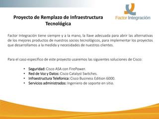 Proyecto de Remplazo de Infraestructura
Tecnológica
Factor Integración tiene siempre y a la mano, la llave adecuada para abrir las alternativas
de los mejores productos de nuestros socios tecnológicos, para implementar los proyectos
que desarrollamos a la medida y necesidades de nuestros clientes.
Para el caso específico de este proyecto usaremos las siguientes soluciones de Cisco:
• Seguridad: Cisco ASA con FirePower.
• Red de Voz y Datos: Cisco Catalyst Switches.
• Infraestructura Telefonica: Cisco Business Edition 6000.
• Servicios administrados: Ingeniero de soporte en sitio.
 