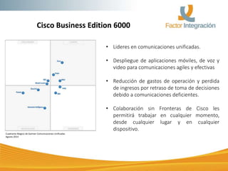 Cisco Business Edition 6000
• Lideres en comunicaciones unificadas.
• Despliegue de aplicaciones móviles, de voz y
video para comunicaciones agiles y efectivas
• Reducción de gastos de operación y perdida
de ingresos por retraso de toma de decisiones
debido a comunicaciones deficientes.
• Colaboración sin Fronteras de Cisco les
permitirá trabajar en cualquier momento,
desde cualquier lugar y en cualquier
dispositivo.
Cuadrante Magico de Gartner Comunicaciones Unificadas
Agosto 2014
 