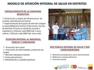  Construcción y mejora de infraestructura de
acuerdo a planificación territorial
 Implementación de Equipos de Atención Integral
en Salud (Médico/a Familiar, Enfermero/a, Técnico
de Atención Primaria en Salud) de acuerdo a
estándares (1 EAIS por cada 4000 hab. h zona
urbana, 1 EAIS por cada 2000 hab. zona rural)
FORTALECIMIENTO DE LA CAPACIDAD
RESOLUTIVA
MODELO DE ATENCIÓN INTEGRAL DE SALUD EN DISTRITOS
 Promoción de la salud
 Prevención de enfermedades y detección de
riesgos
 Atención individual y familiar
 Visitas domiciliarias
 Rehabilitación y cuidados paliativos
ATENCIÓN INTEGRAL AL INDIVIDUO,
FAMILIA Y COMUNIDAD
RED PÚBLICA INTEGRAL DE SALUD Y RED
COMPLEMENTARIA
 Atención articulada de la red a nivel territorial
 Referencia y Contra referencia
 Cruce de cuentas
 
